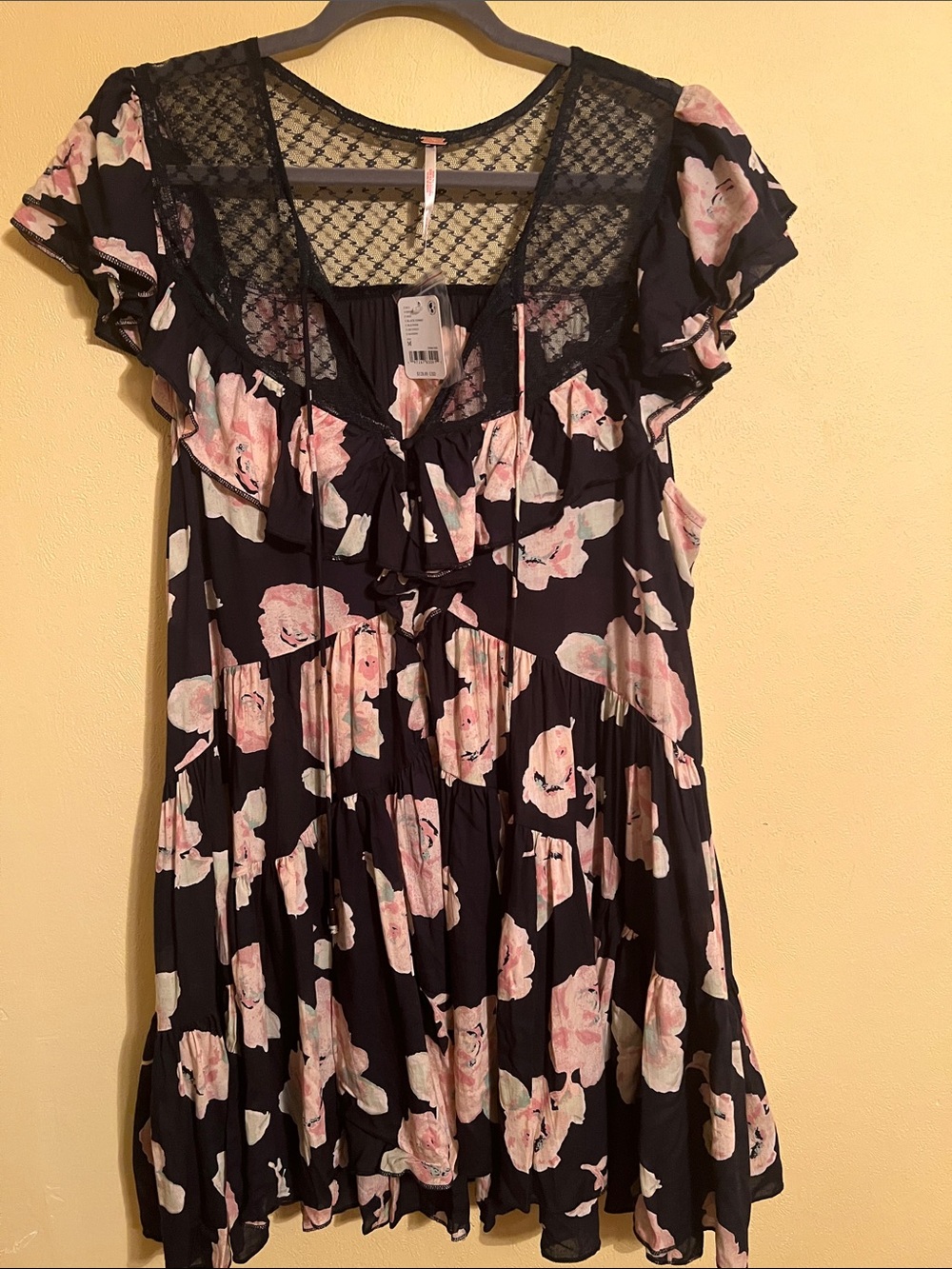 Free People Black Floral Mini Dress with Pink Flowers